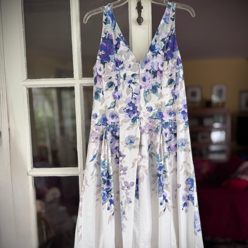 RALPH LAUREN A-LINE DRESS Sleeveless, White with Blue Floral Print in Sz. 14 - Picture 3 of 10